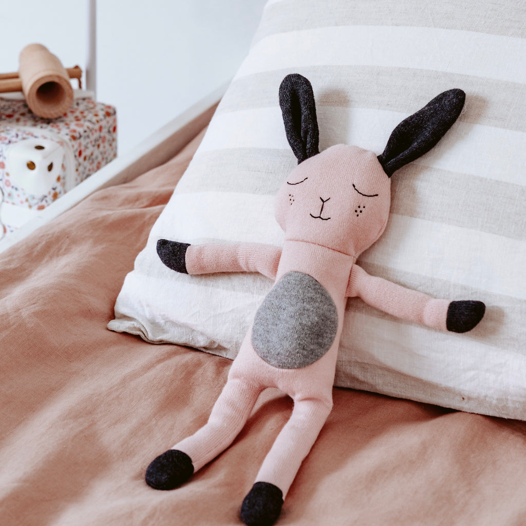 maggie rabbit cotton knit soft toy in blush pink