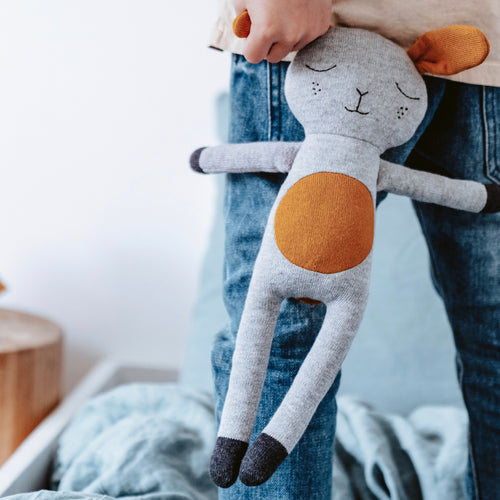 Benedict rabbit knitted cotton soft toy in marl grey and mustard